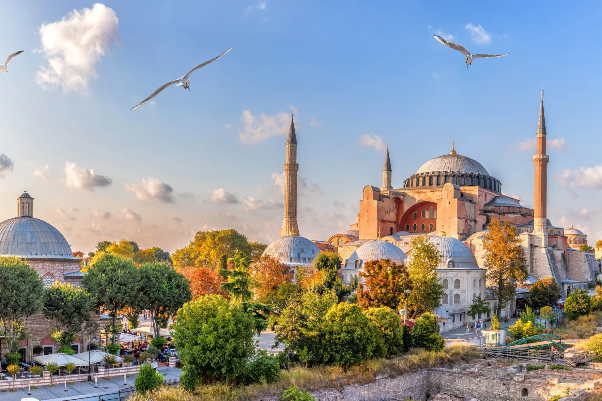 Hagia Sofia i Istanbul badet i kveldssol, omgitt av minareter og grønne trær Hagia Sofia i Istanbul badet i kveldssol, omgitt av minareter og grønne trær