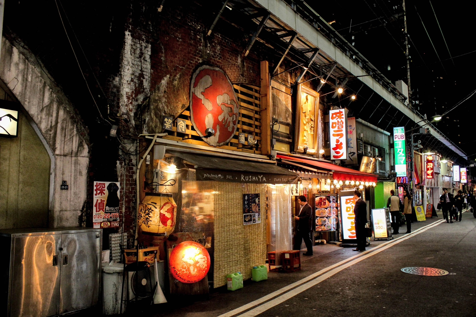 Stemningsfull gate i Tokyo med autentiske, intime spisesteder under jernbanesporene
