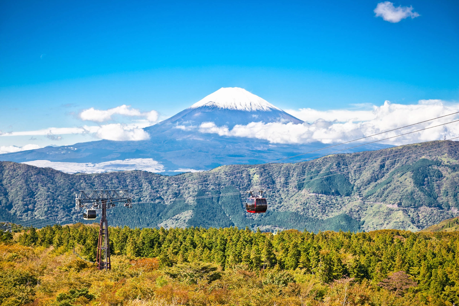 Fuji-fjellet med taubane i forgrunnen