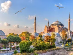 Hagia Sofia i Istanbul badet i kveldssol, omgitt av minareter og grønne trær Hagia Sofia i Istanbul badet i kveldssol, omgitt av minareter og grønne trær