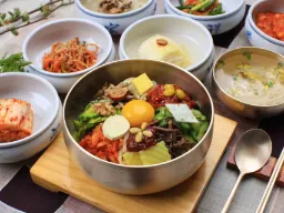 Bibimbap fra Jeonju – en av Koreas mest berømte retter, servert med ris, grønnsaker, kjøtt og egg Bibimbap fra Jeonju – en av Koreas mest berømte retter, servert med ris, grønnsaker, kjøtt og egg