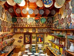 Butikk med fargerike, håndmalte keramikkplater, boller og vaser i en koselig, rustikk atmosfære Butikk med fargerike, håndmalte keramikkplater, boller og vaser i en koselig, rustikk atmosfære