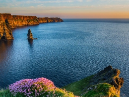 Cliffs of Moher i gyllent kveldslys. Klippesøylen i vannet heter Branaunmore