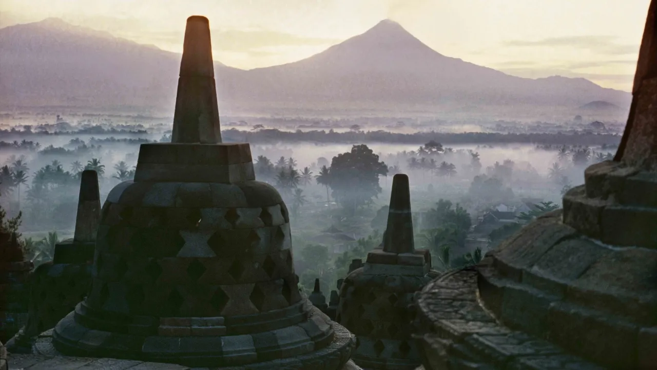 Solopgang ved Borobudur-tempelet på Java Solopgang ved Borobudur-tempelet på Java