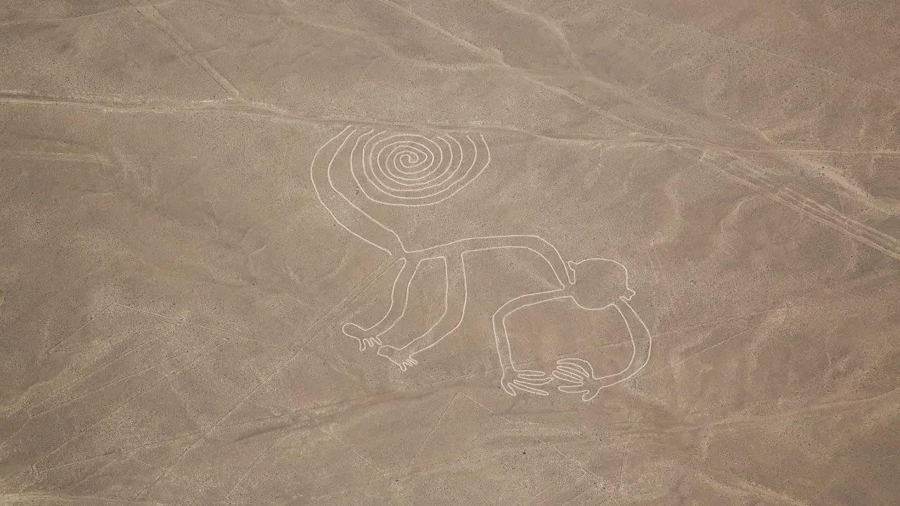 Nazcalinjene i det sørlige Peru er enorme geoglyfer, hvor apen er den mest kjente. Kan bare sees fra luften Nazcalinjene i det sørlige Peru er enorme geoglyfer, hvor apen er den mest kjente. Kan bare sees fra luften