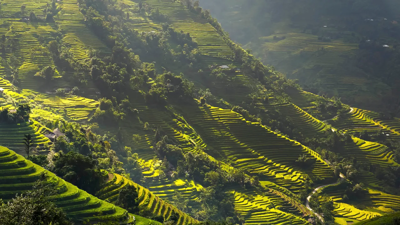 Sollyset faller over de grønne risterrassene i Ha Giang-provinsen Sollyset faller over de grønne risterrassene i Ha Giang-provinsen