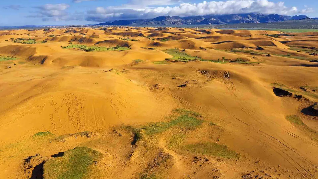 Elsen Tasarkhai-sanddynene i Mongolia – kjent som 'Mini-Gobi' med en blanding av ørken og steppe Elsen Tasarkhai-sanddynene i Mongolia – kjent som 'Mini-Gobi' med en blanding av ørken og steppe