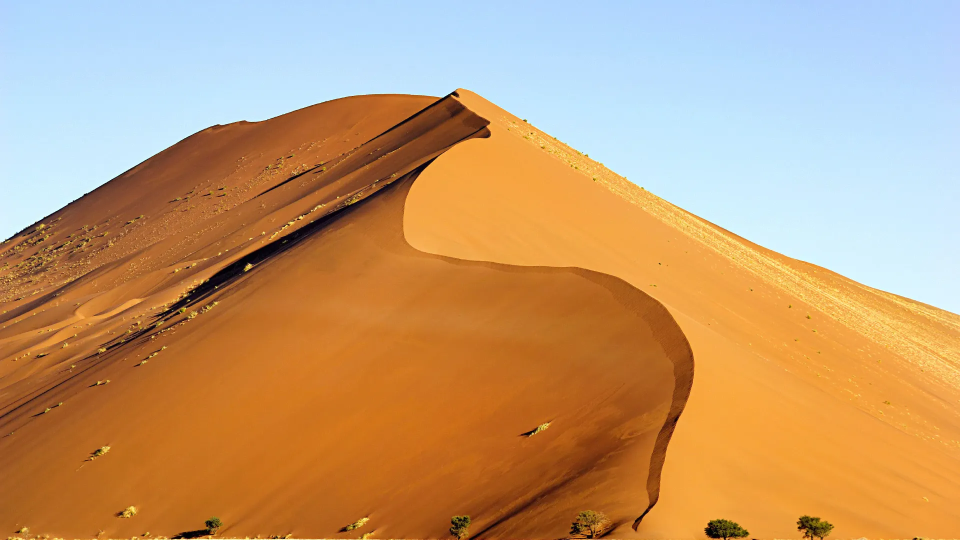 En av Sossusvleis ikoniske røde sanddyner reiser seg majestetisk mot himmelen En av Sossusvleis ikoniske røde sanddyner reiser seg majestetisk mot himmelen